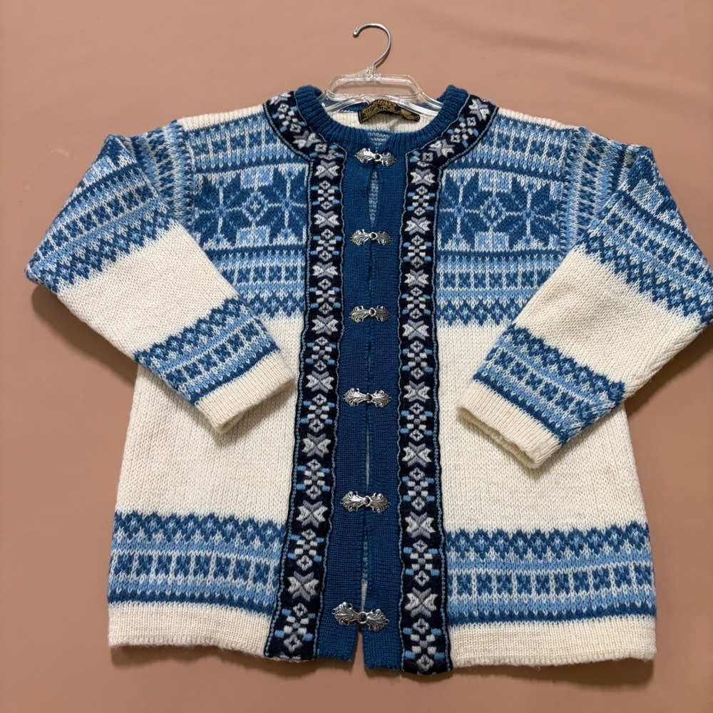 Nordstrikk Vintage Norwegian Wool Cardigan Blue White Fair Isle Pewter Clasp S/M
